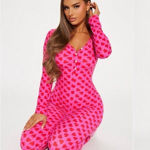 New in bag Pink Heart-Print Long Sleeve pajama Jumpsuit